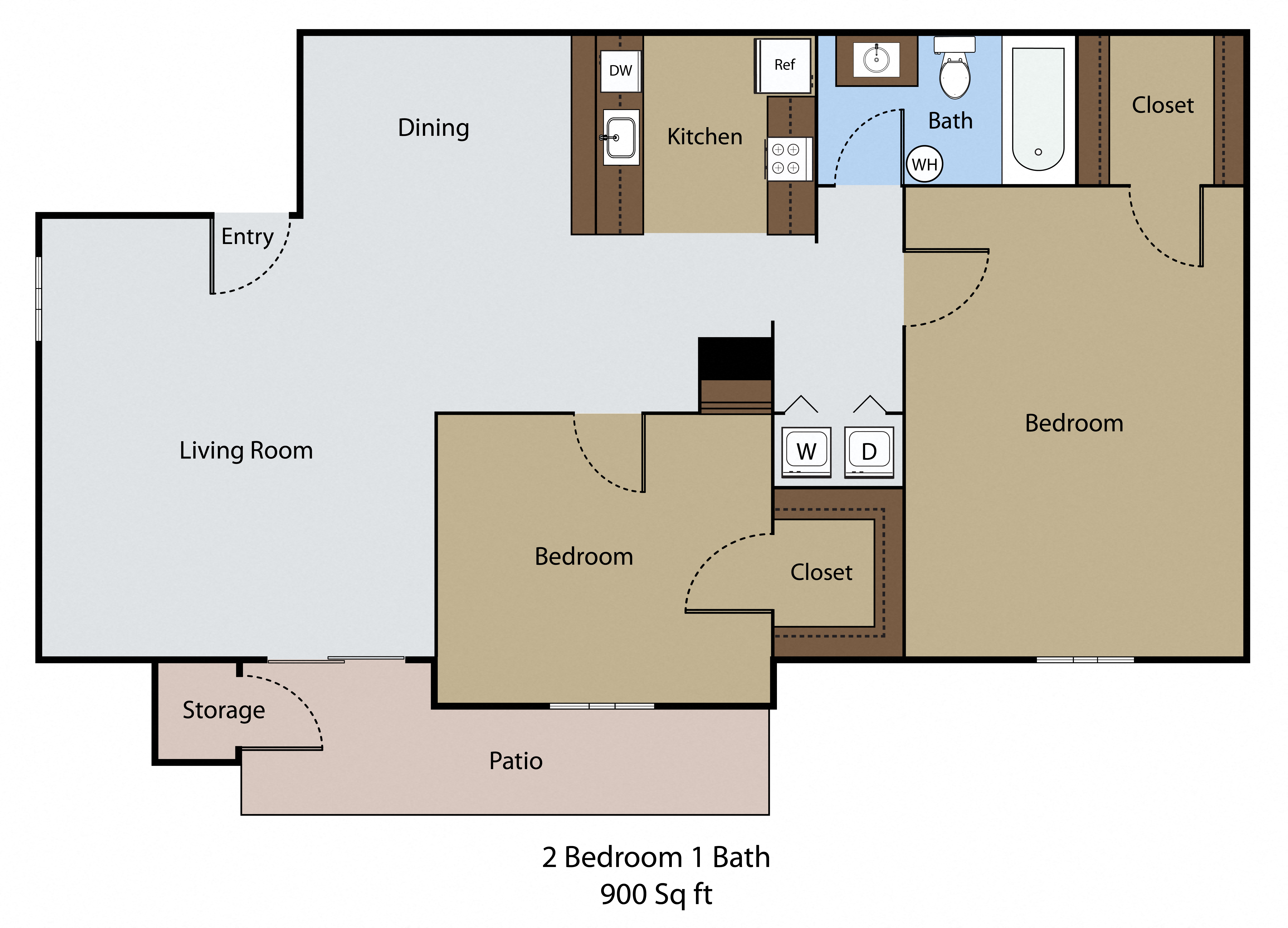 Floor plan for 2 beds, 1 bath, 872 sqft